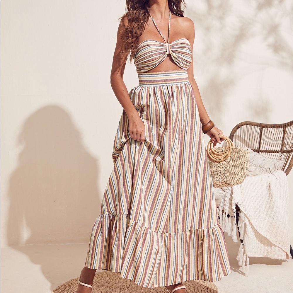 SHEIN cutout detail striped ruffle hem halter dress